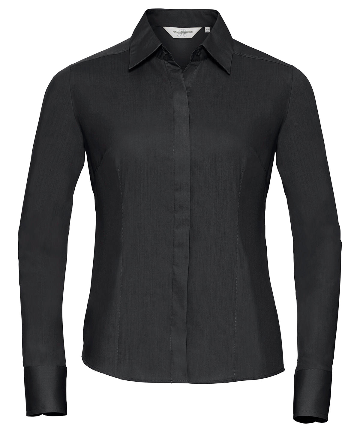 Camisa popeln entallada de manga larga para mujer de polialgodn fcil de cuidar | Negro