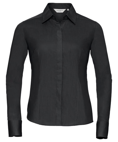 Camisa popeln entallada de manga larga para mujer de polialgodn fcil de cuidar | Negro
