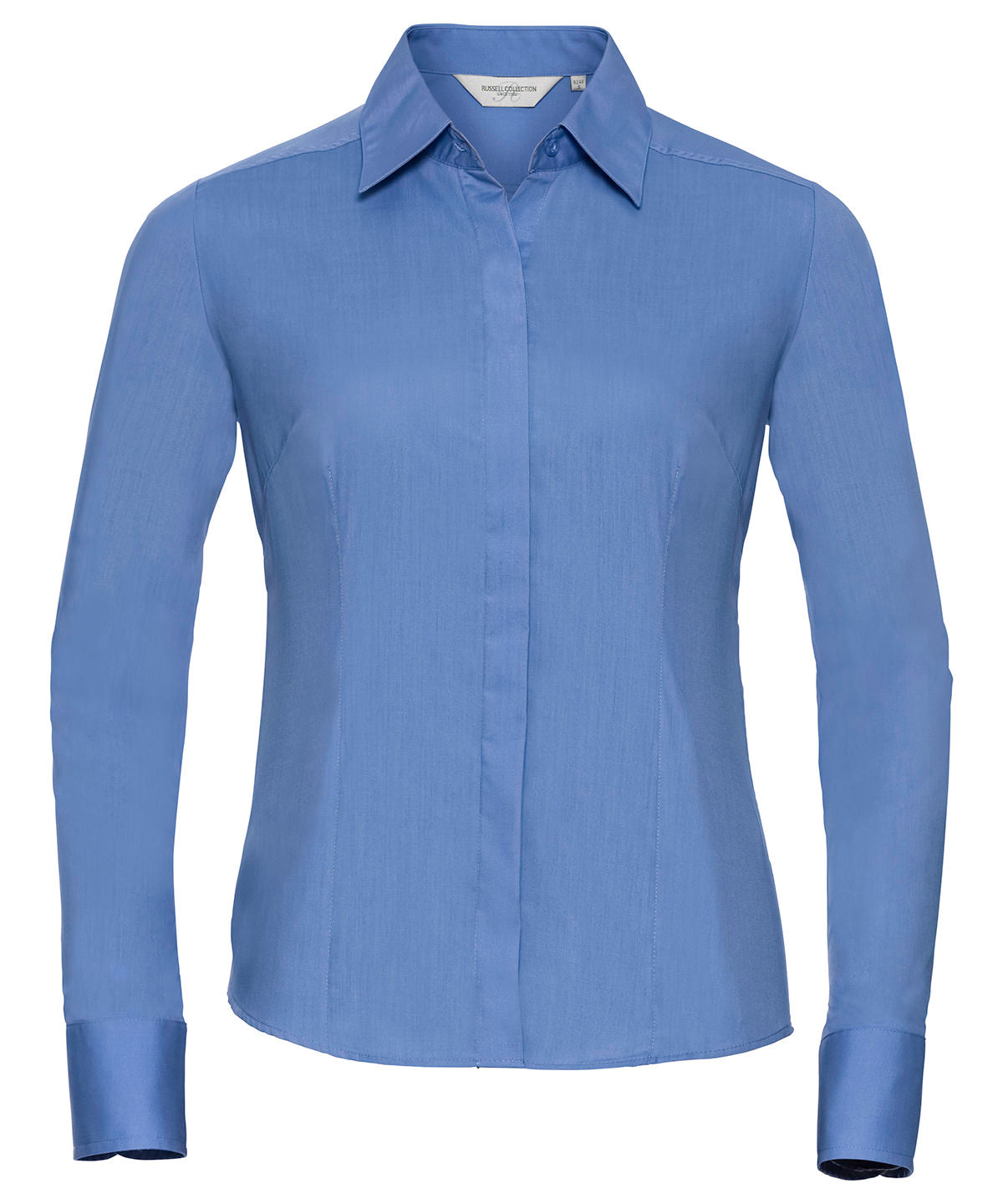 Camisa popeln entallada de manga larga para mujer de polialgodn fcil de cuidar | Azul Corporativo