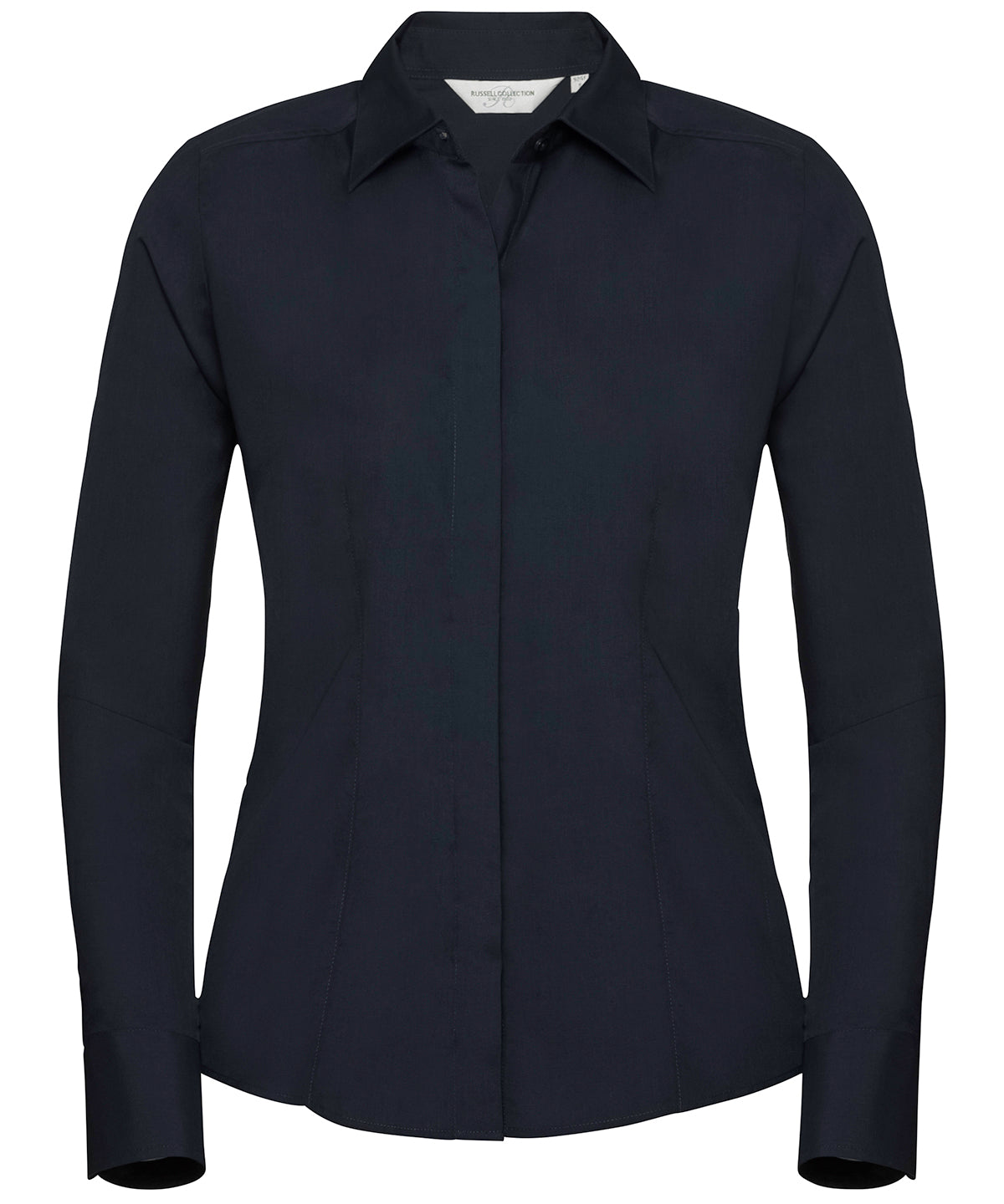 Camisa popeln entallada de manga larga para mujer de polialgodn fcil de cuidar | Azul Marino Francs