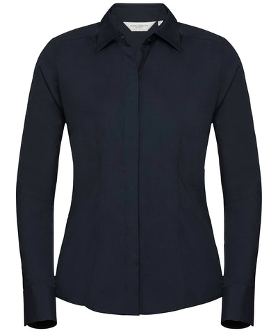 Camisa popeln entallada de manga larga para mujer de polialgodn fcil de cuidar | Azul Marino Francs