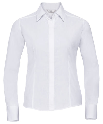 Camisa popeln entallada de manga larga para mujer de polialgodn fcil de cuidar | Blanco