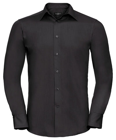 Camisa entallada de popeln de polialgodn de manga larga fcil de cuidar | Negro