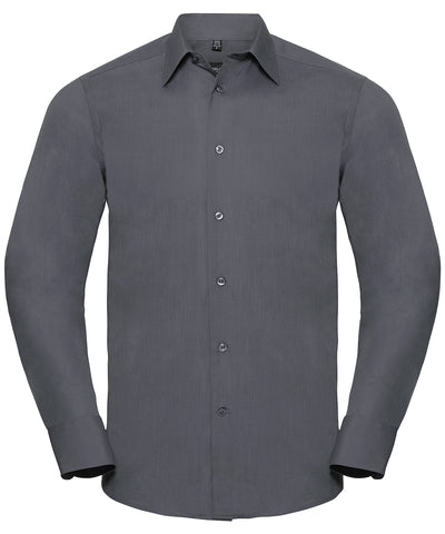 Camisa entallada de popeln de polialgodn de manga larga fcil de cuidar | Convoy Grey