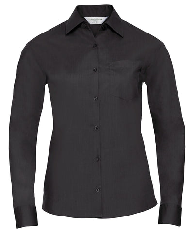 Camisa de popeln de polialgodn de manga larga fcil de cuidar para mujer | Negro