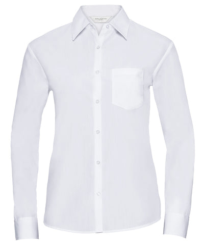 Camisa de popeln de polialgodn de manga larga fcil de cuidar para mujer | Blanco