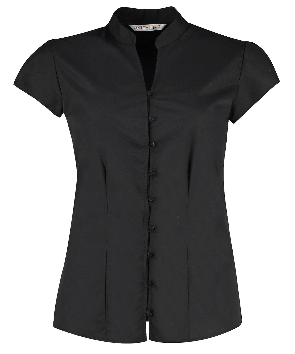 Blusa continental de mujer con cuello mao y manga corta (ajuste entallado) | Negro - Carbn