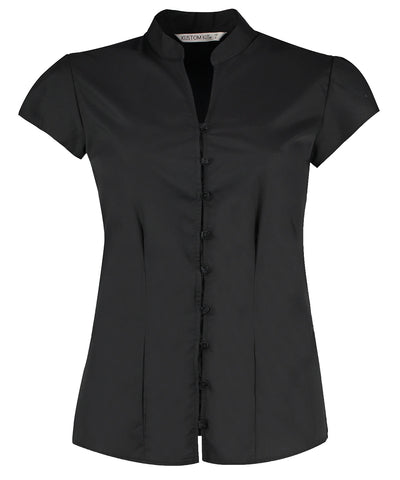 Blusa continental de mujer con cuello mao y manga corta (ajuste entallado) | Negro - Carbn