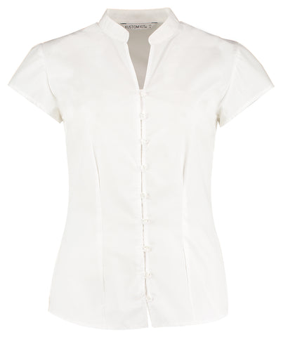 Blusa continental de mujer con cuello mao y manga corta (ajuste entallado) | Marfil