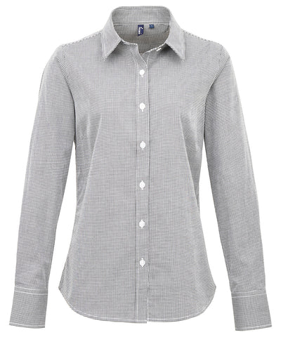 Camisa de algodn de manga larga para mujer de microcuadros (gingham) | Negro/Blanco