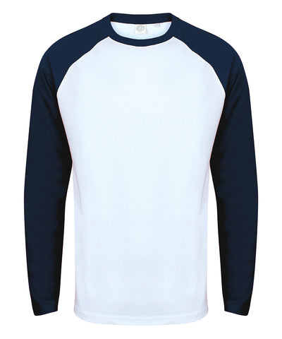 Camiseta de bisbol de manga larga | Blanco/Azul Marino Oxford