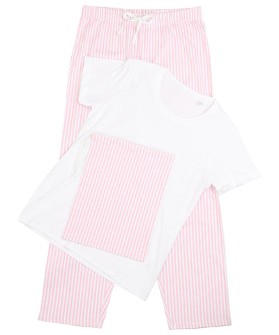 Conjunto de pijama de pantaln largo para mujer (en una bolsa) | Blanco/Rosa/Raya Blanca