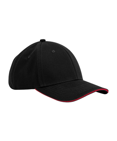 Gorra clsica de algodn orgnico EarthAware® de 6 paneles con visera tipo sandwich | Negro/Rojo Clsico