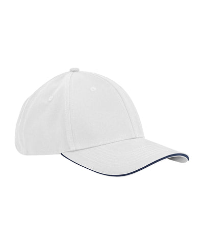 Gorra clsica de algodn orgnico EarthAware® de 6 paneles con visera tipo sandwich | Blanco/Azul Marino Francs