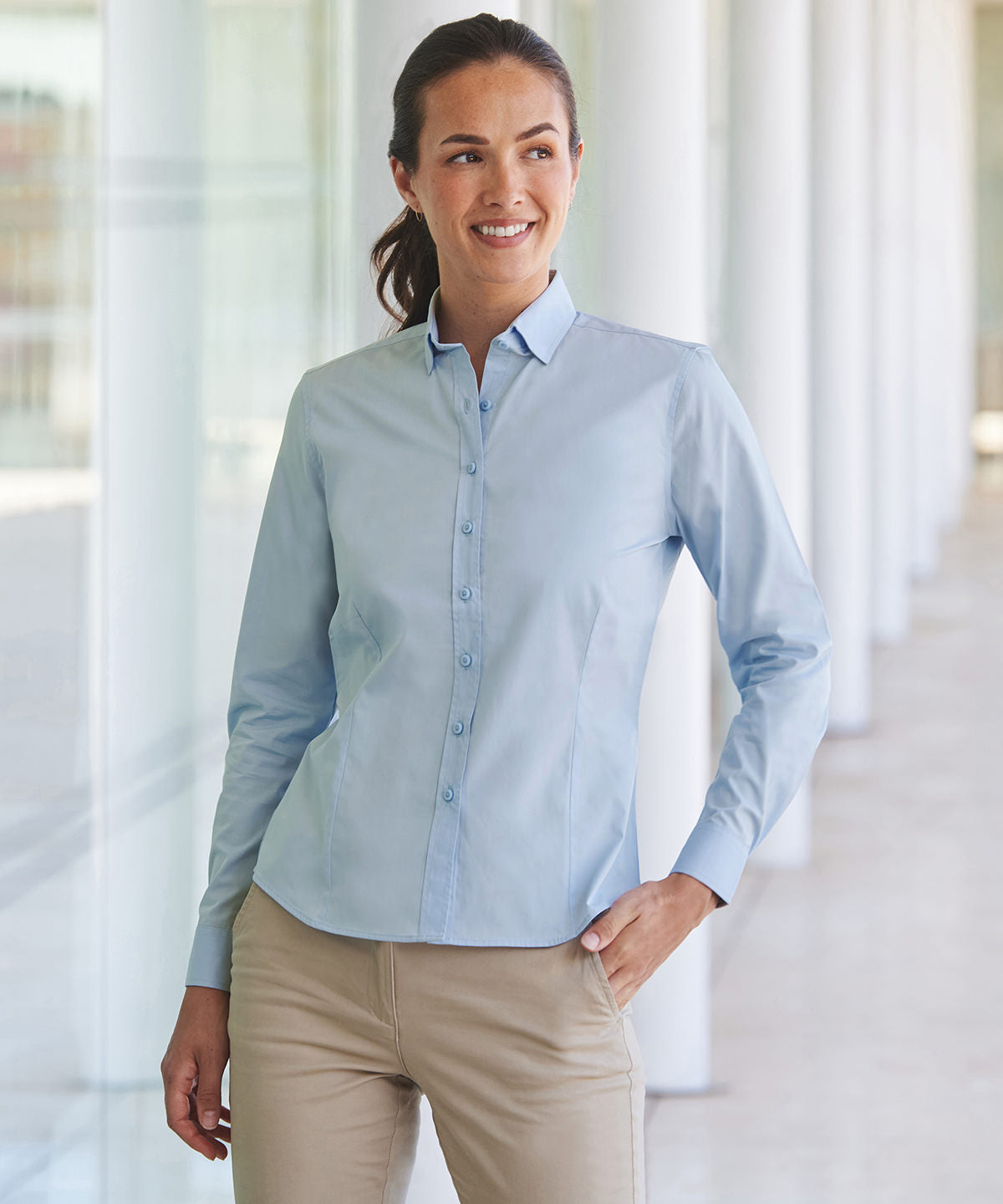 Camisa de manga larga Coolplus® con tacto de algodn para mujer | Blanco
