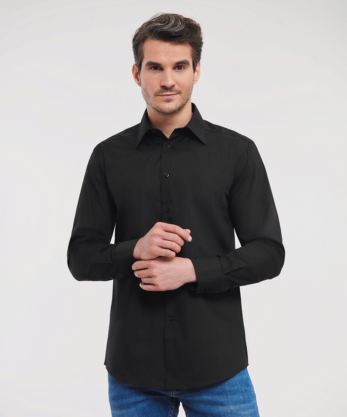 Camisa entallada de popeln de polialgodn de manga larga fcil de cuidar | Negro