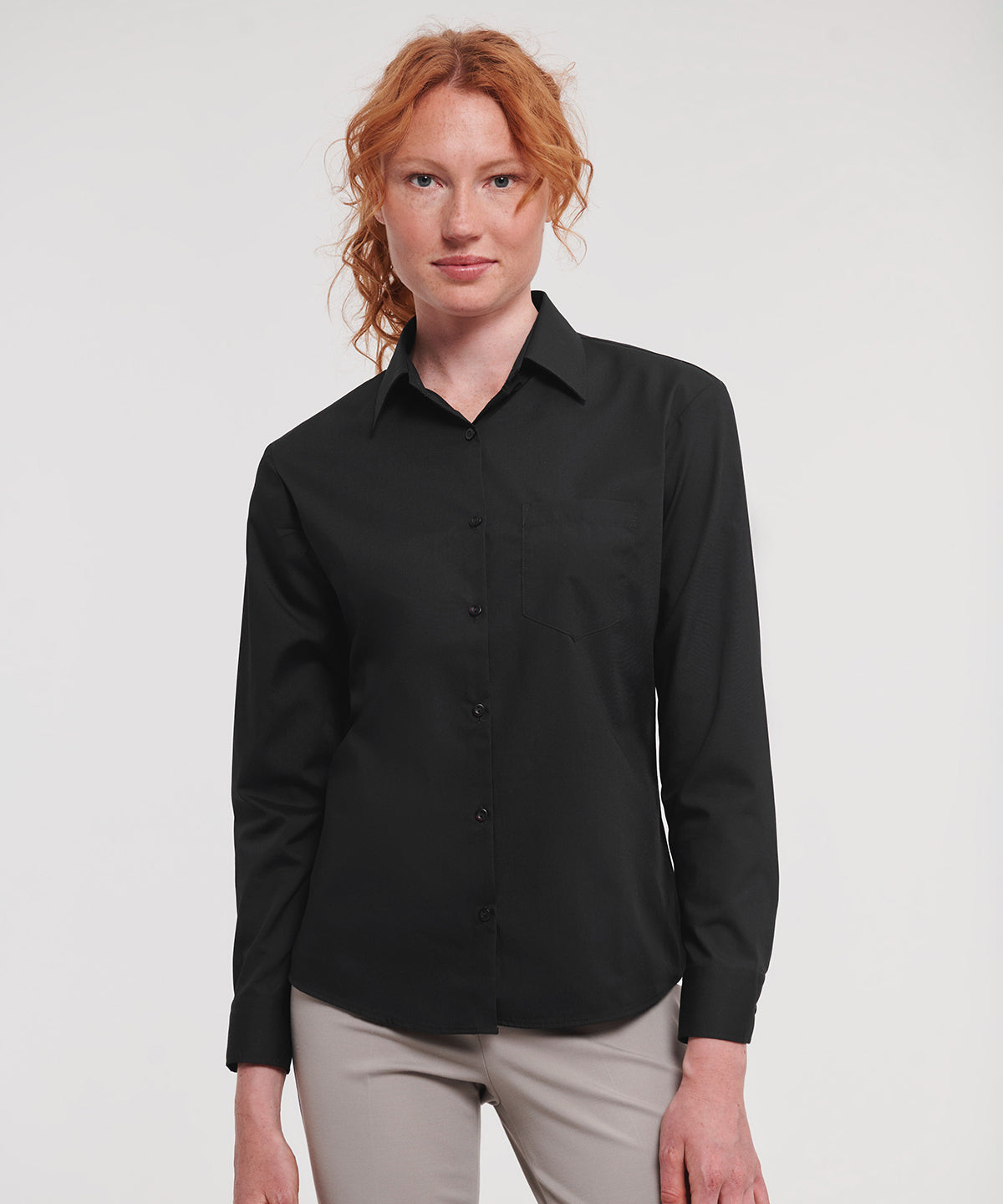 Camisa de popeln de polialgodn de manga larga fcil de cuidar para mujer | Azul Marino Francs