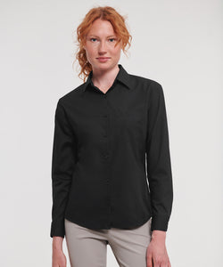 Camisa de popeln de polialgodn de manga larga fcil de cuidar para mujer | Negro