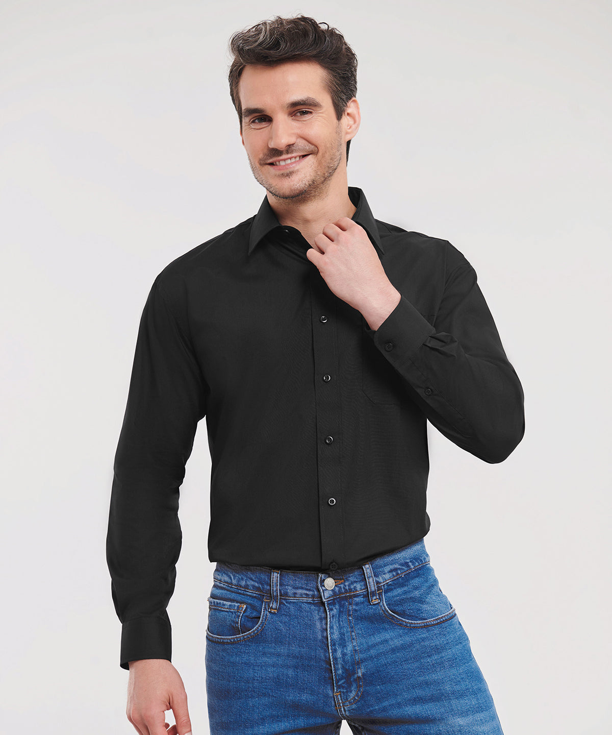 Camisa de popeln de polialgodn de manga larga fcil de cuidar | Azul Marino Francs