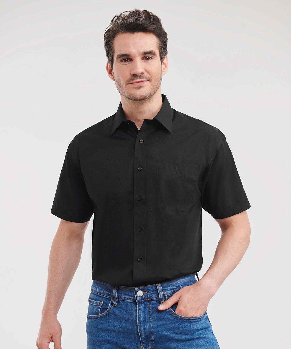 Camisa de popeln de polialgodn de manga corta fcil de cuidar | Azul Marino Francs