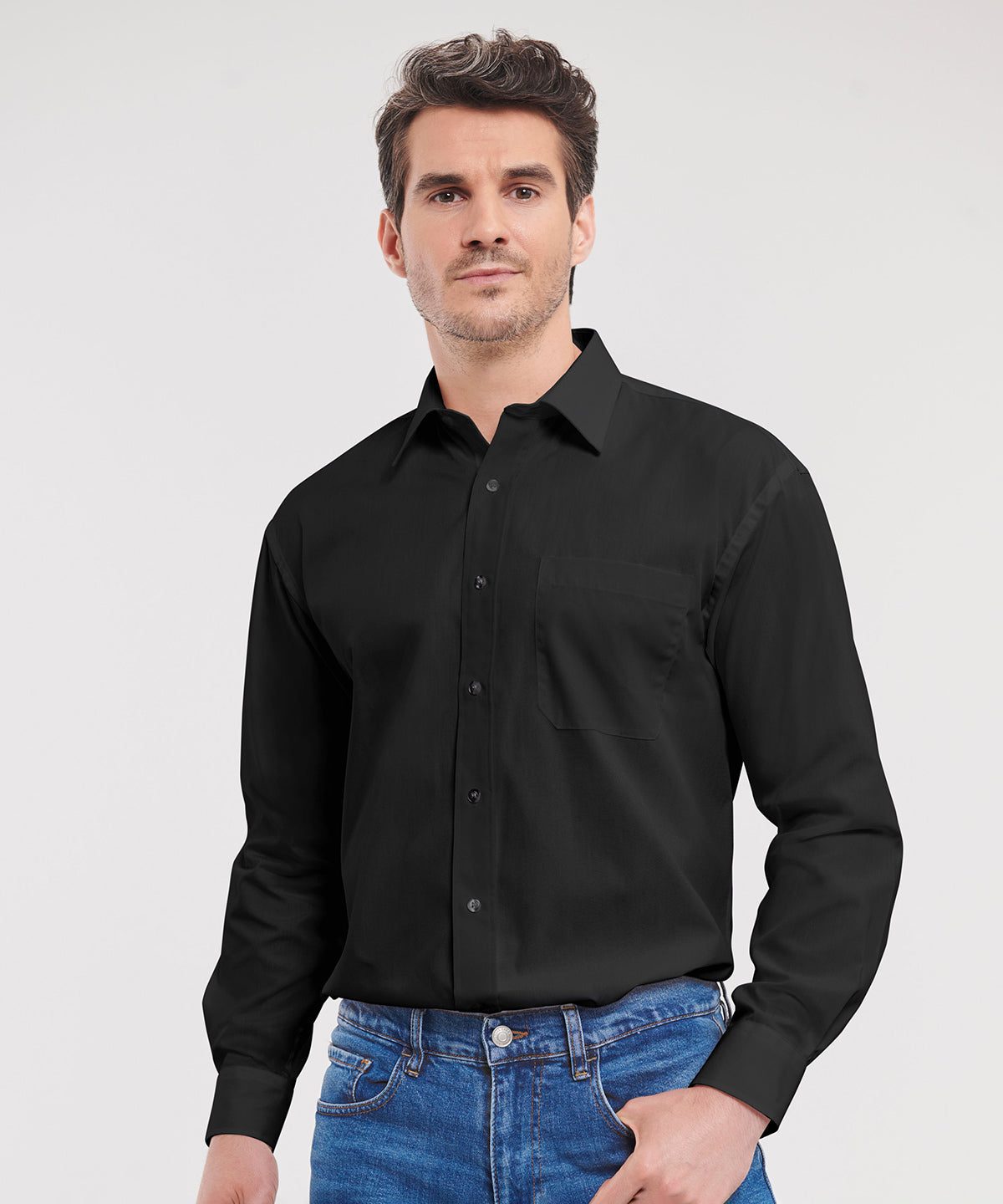 Camisa de popeln de algodn puro de manga larga fcil de cuidar | Negro