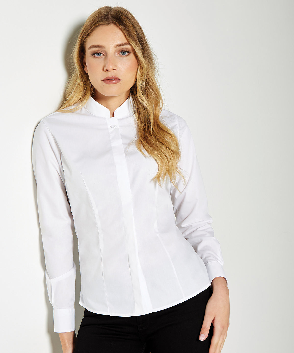 Camisa de mujer cuello mao manga larga (ajuste entallado) | Negro - Carbn