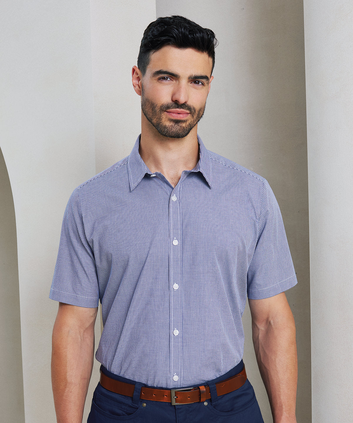 Camisa de algodn de manga corta con estampado de Microcheck (Gingham) | Azul Claro/Blanco