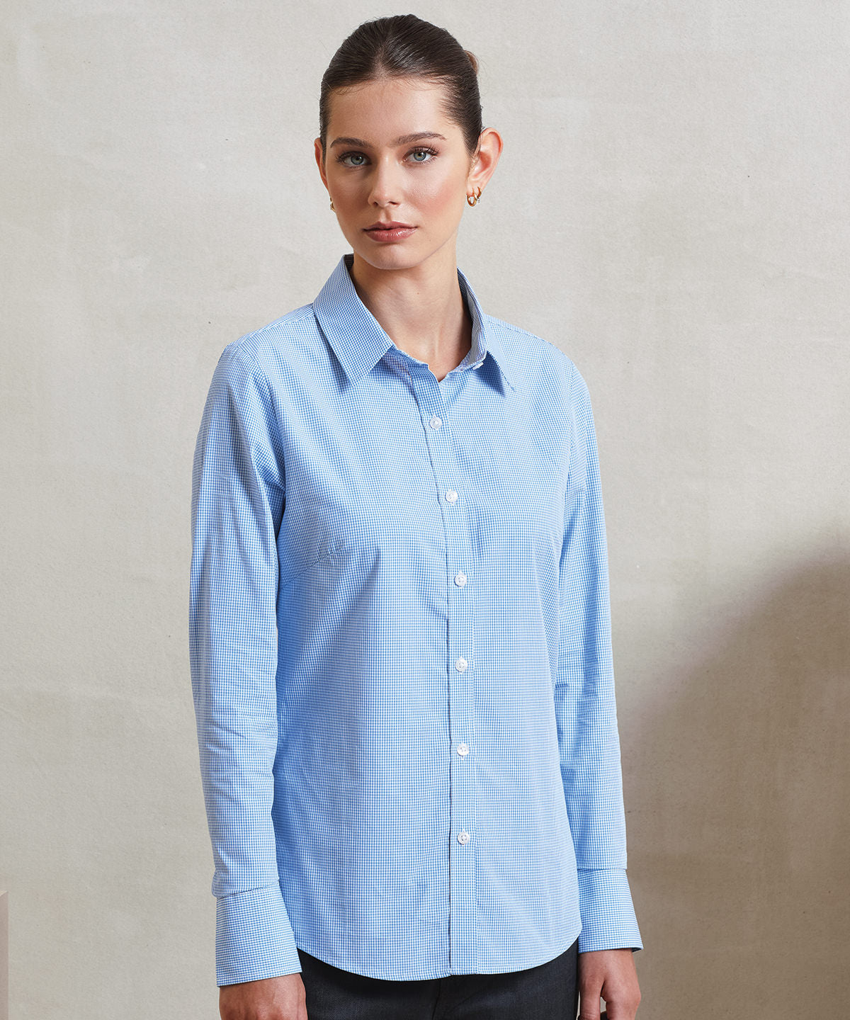Camisa de algodn de manga larga para mujer de microcuadros (gingham) | Azul Marino/Blanco