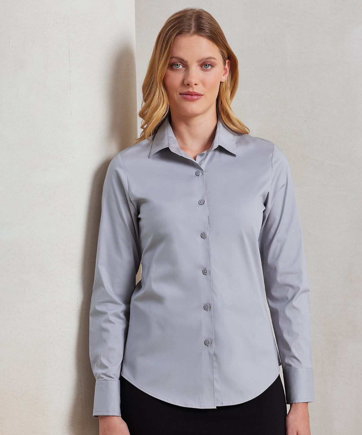 Blusa de manga larga de algodn popeln elstico para mujer | Negro