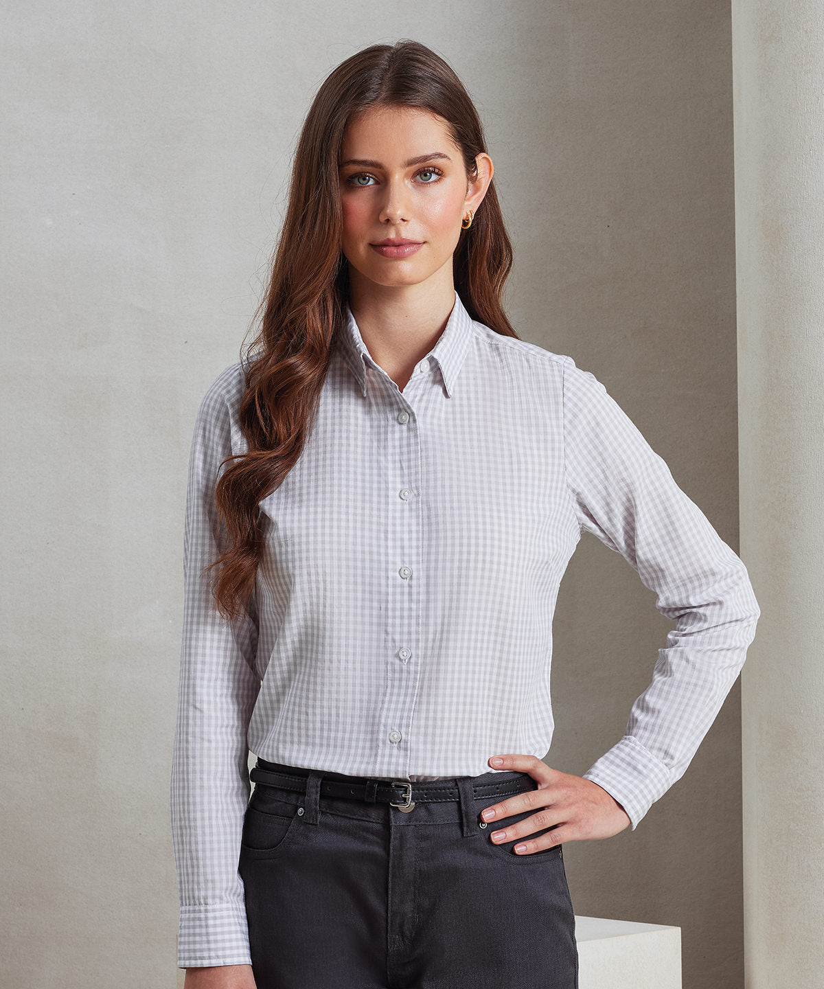 Camisa de cuadros de manga larga Maxton para mujer | Plata/Blanco
