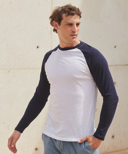 Camiseta de bisbol de manga larga | Blanco/Azul Marino Oxford