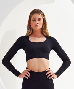Top corto de ajuste 3D sin costuras con costillas TriDri® para mujer | Negro