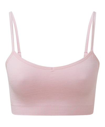 Sujetador deportivo elstico sin costuras 3D ajuste mltiple para mujer de TriDri® reciclado | Rosa Claro Jaspeado