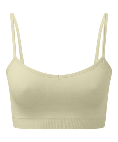 Sujetador deportivo elstico sin costuras 3D ajuste mltiple para mujer de TriDri® reciclado | Verde Salvia Jaspeado