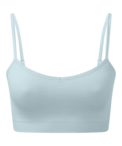 Sujetador deportivo elstico sin costuras 3D ajuste mltiple para mujer de TriDri® reciclado | Melange Azul Cielo