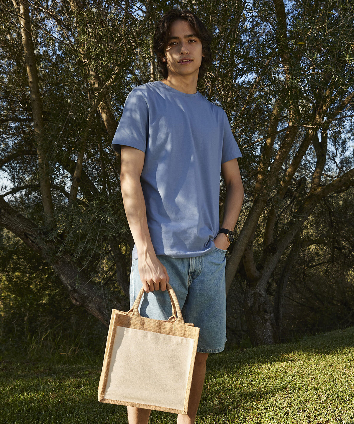 Bolso de mano de yute con bolsillo de algodón | Natural