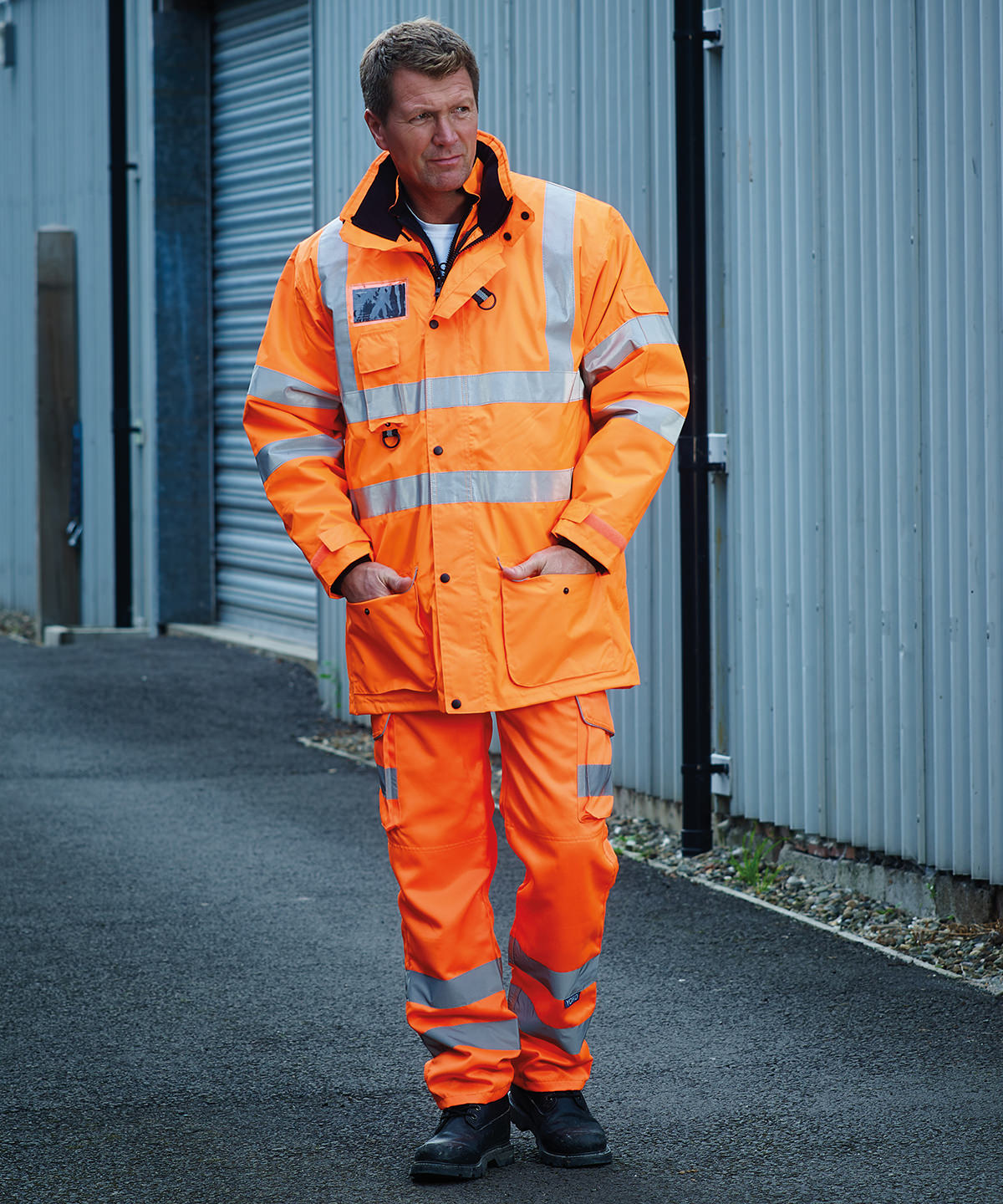Pantalones de carga de polialgodón de alta visibilidad con bolsillos para rodilleras (HV018T/3M) | Naranja Claro